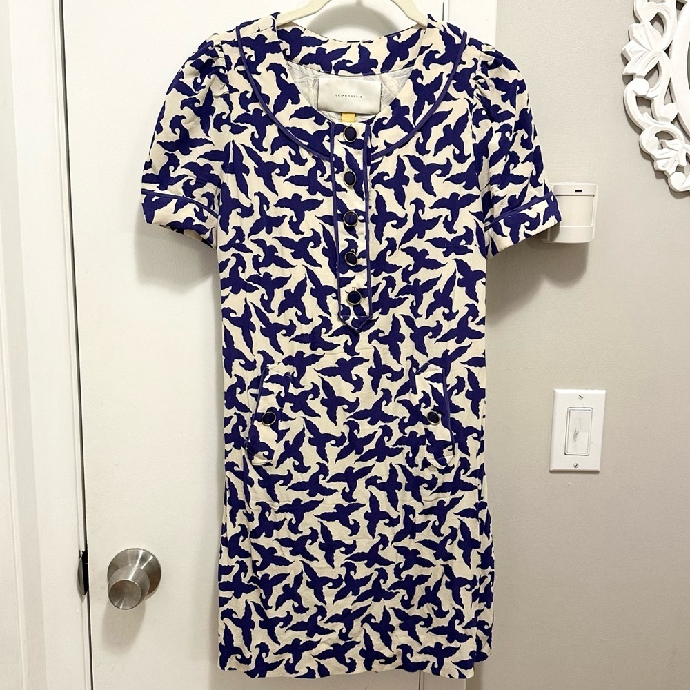 Leifsdottir Anthropologie Silk Cream & Blue Birds Short Slv Mini Shift Dress 0